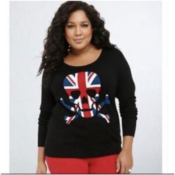 TORRID Black Sweater w Skull in Britain Flag Size 3 Long sleeve 100% Cotton - Picture 1 of 6
